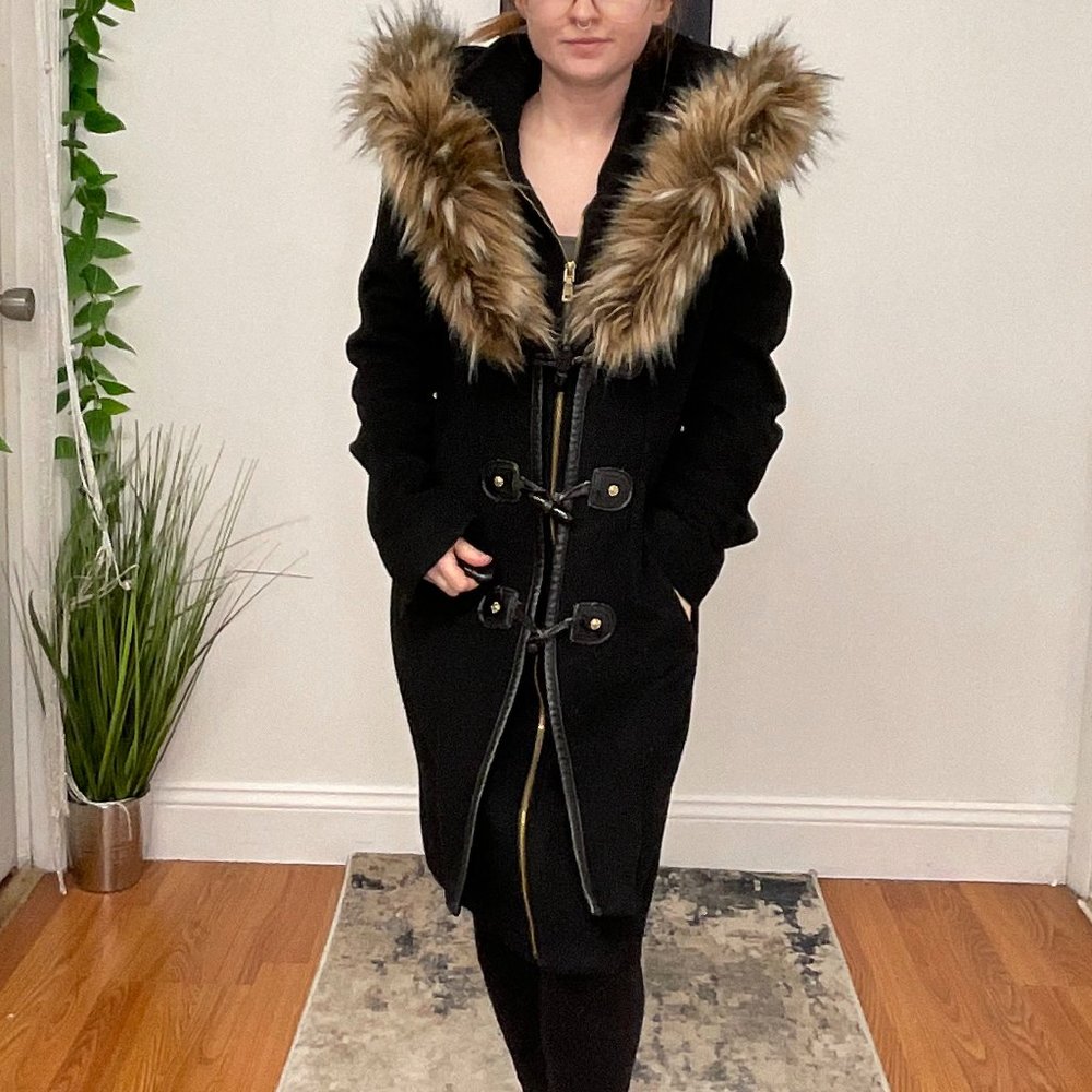 Betsey Johnson Faux Fur Hood Coat Jacket Long Sleeve Size XS Black